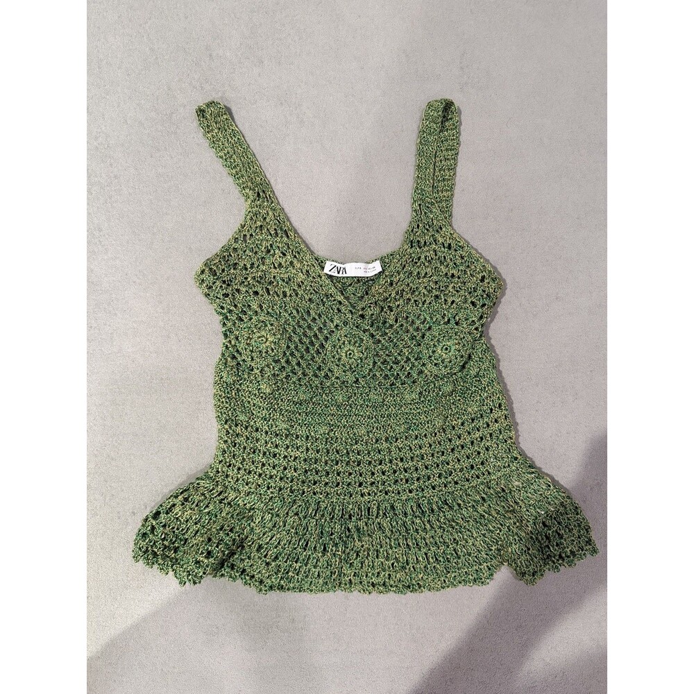 Zara Women Green Gold Metallic Crochet Knit Peplum Tank Top Sleeveless Small